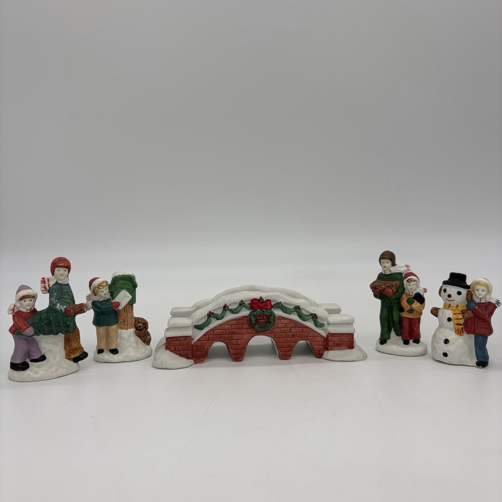 Vintage 1980s Department 56 Original Snow Village Figures Bridge Christmas Lot 5